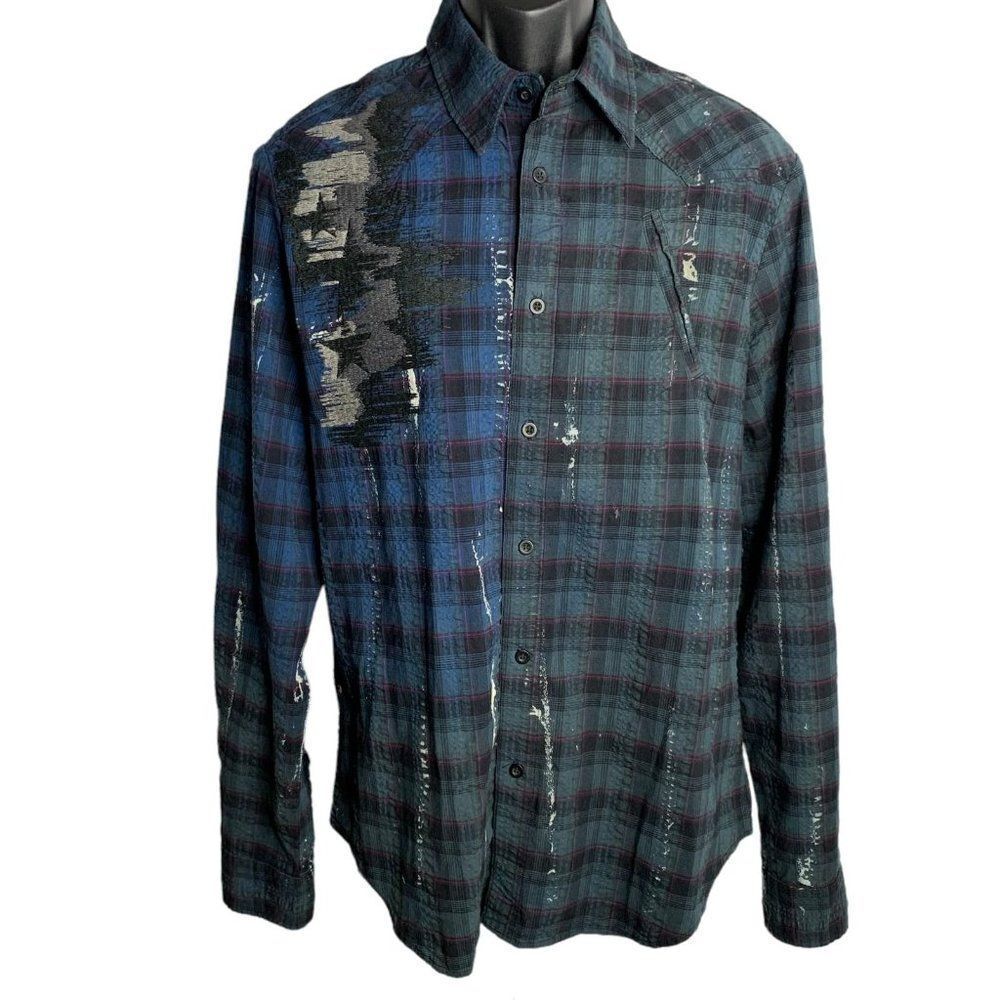 Krush Western Embroidered Button Up Shirt XL Blue Plaid Paint Pocket Long Sleeve